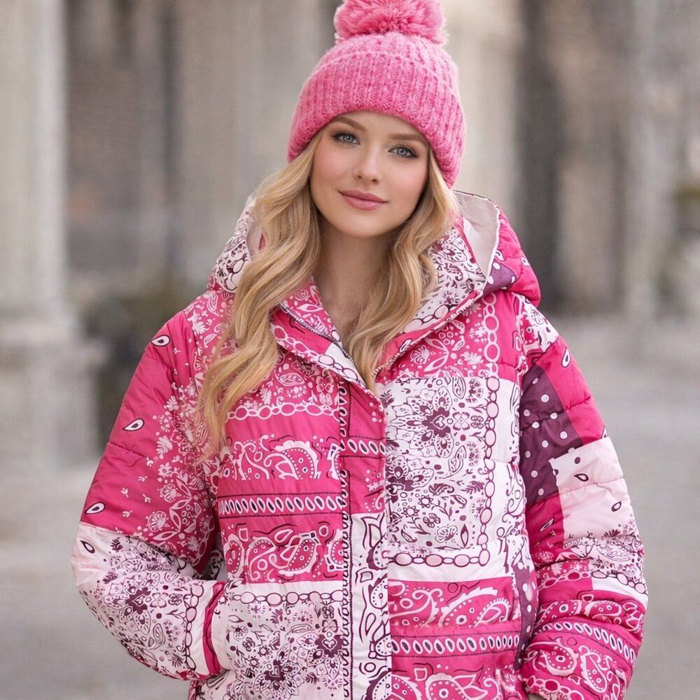 Quilted Pink Bandana Paisley Patchwork Print Hooded Puffer Jacket Venus NEW XL